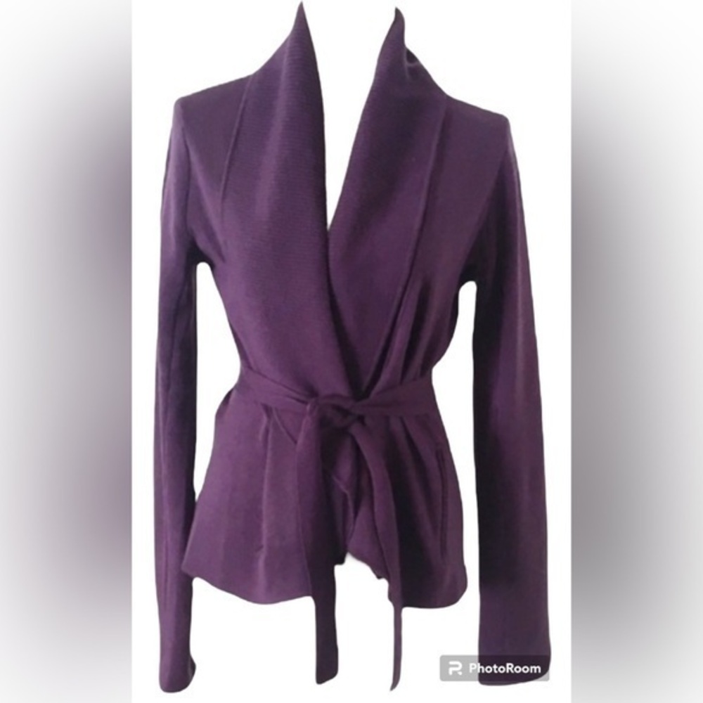 BCBG Maxazira Purple Wool Tie Front Sweater, Medium